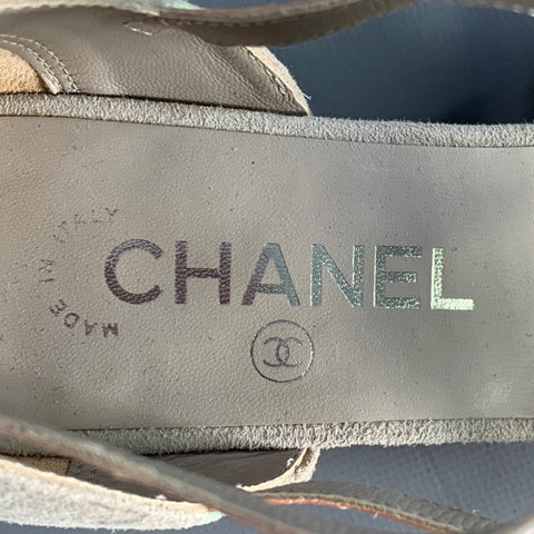 CHANEL Size 9.5 Grey Iridescent Suede Cage Sandals