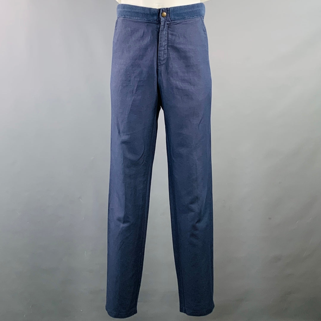 ADAM KIMMEL Size XL Blue Cotton Linen Notch Lapel Suit