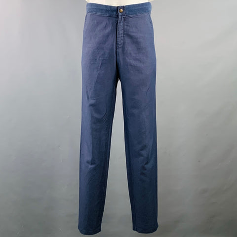 ADAM KIMMEL Size XL Blue Cotton Linen Notch Lapel Suit