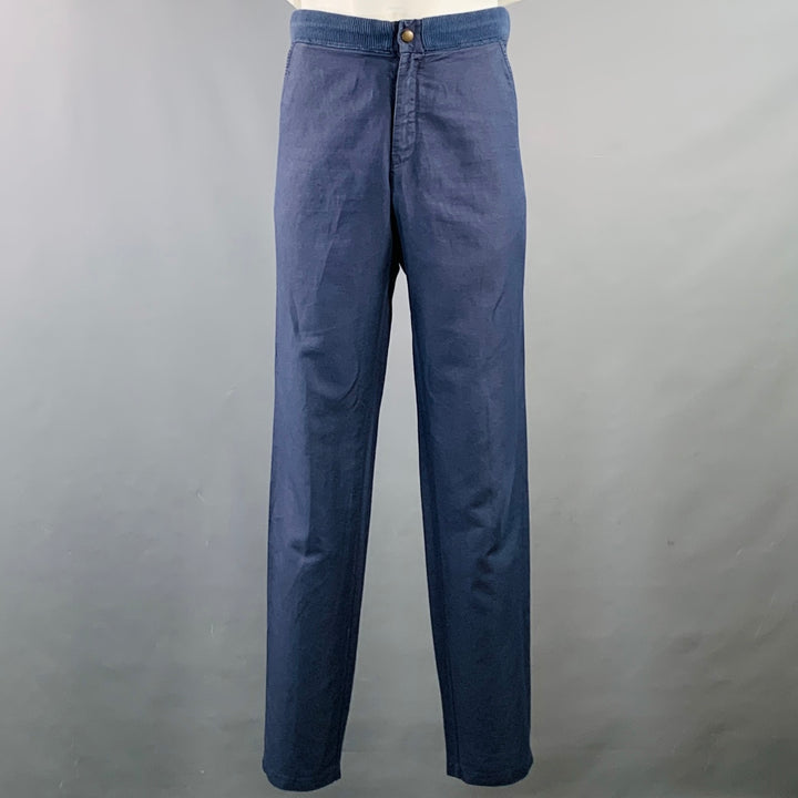 ADAM KIMMEL Size XL Blue Cotton Linen Notch Lapel Suit