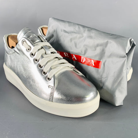 PRADA Size 7.5 Metallic Silver Leather Platform Sneakers