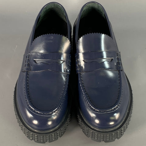 VALENTINO Mocassins penny à enfiler en cuir marine avec semelle crantée, taille 9
