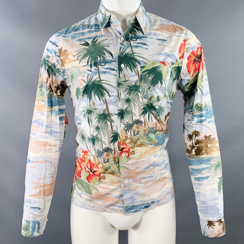 VALENTINO Size M Multi Color Tropical Hawaiian Print Cotton One Pocket Button Up Long Sleeve Shirt