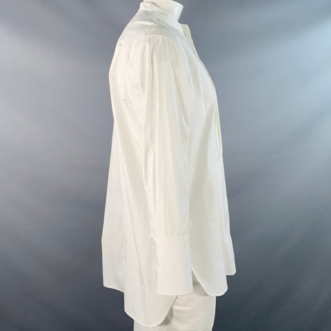 NILI LOTAN Size L White Cotton Pleated Collarless Tuxedo Long Sleeve Shirt
