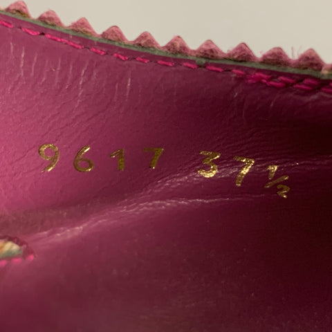 ETRO Talla 7.5 Zapatos de tacón con borlas de charol perforado de ante verde burdeos