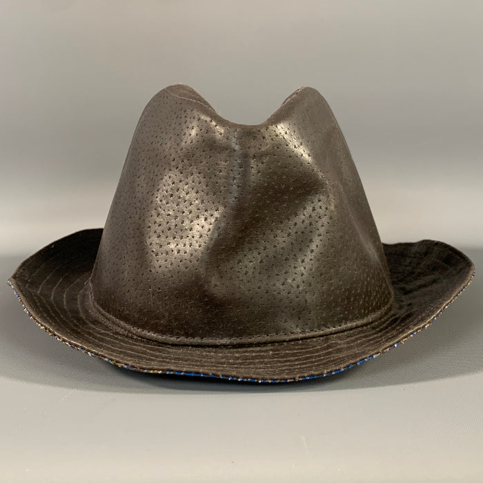 ETRO Size L Brown Grey Plaid Leather Hat