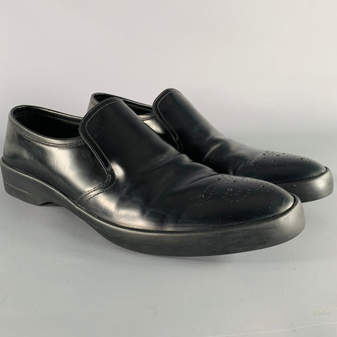 PRADA Size 9.5 Black Perforated Leather Slip On Loafers