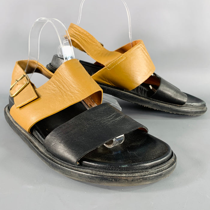MARNI Size 8 Black Tan Two Toned Leather Strap Sandals