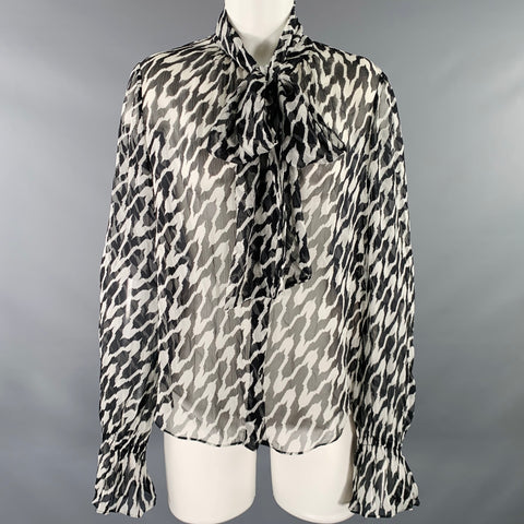 DIANE VON FURSTENBERG Size S Black White Silk Chiffon Marbled Pussybow Blouse
