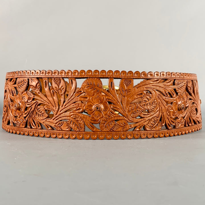 RALPH LAUREN Size M Brown Embossed Lasercut Floral Leather Western Belt