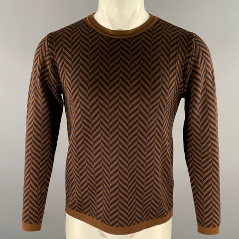 BARENA Size S Brown Black Herringbone Wool Blend Crew-Neck Pullover