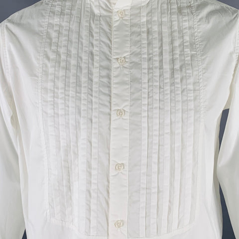 NOT CONVENTIONAL Size 48 White Pleated Cotton High Collar Long Sleeve Shirt