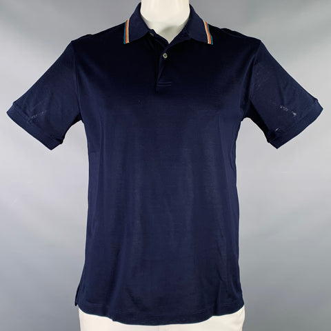 PAUL SMITH Size L Navy Multi Color Cotton Contrast Stripe Collar Polo