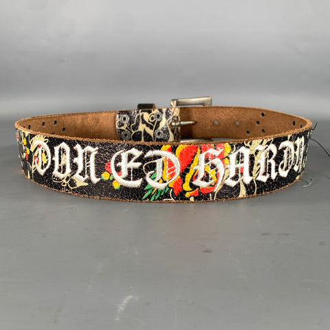 ED HARDY Size XS Black White Floral Leather Belt