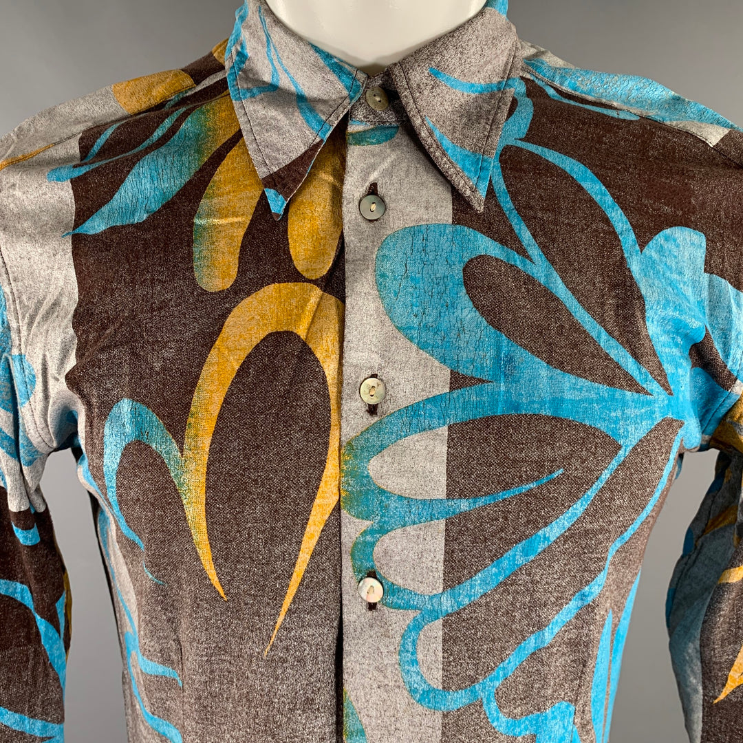 CUSTO BARCELONA Size XS Brown Blue/Silver Abstract Floral Long Sleeve Shirt