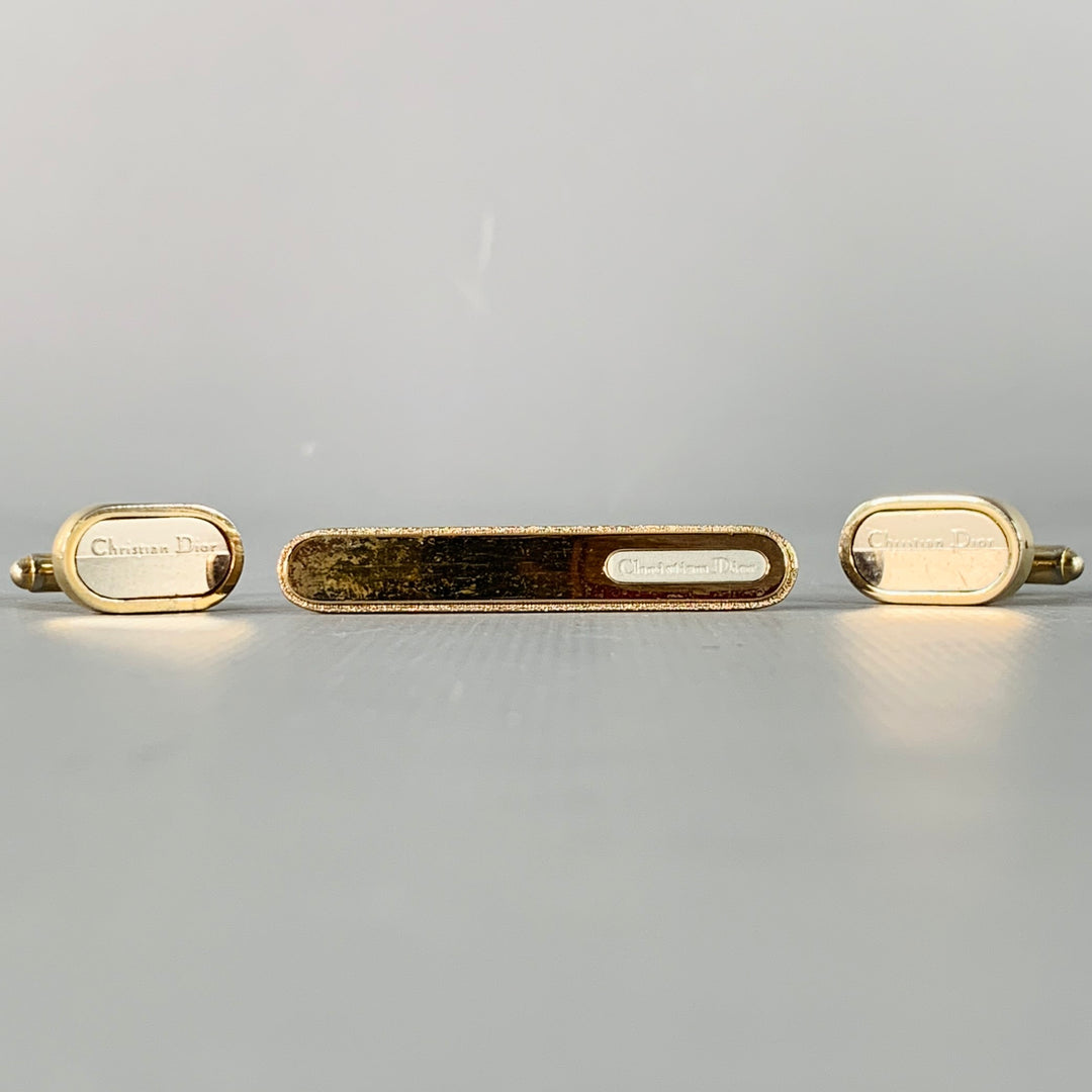 CHRISTIAN DIOR Vintage Gold Silver Logo Metal Cuff Link Tie Clip Set