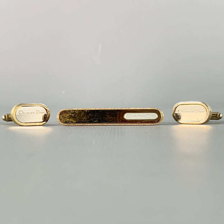 CHRISTIAN DIOR Vintage Gold Silver Logo Metal Cuff Link Tie Clip Set