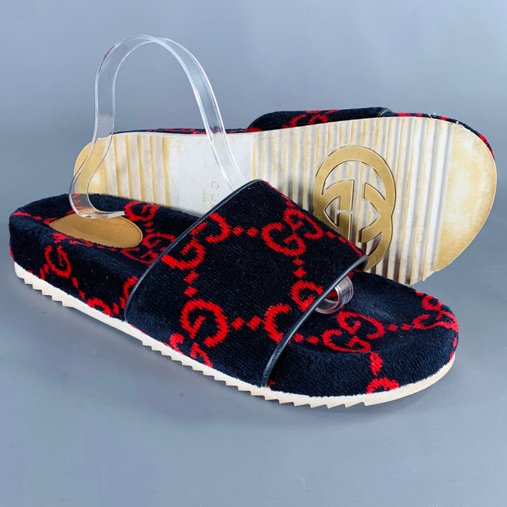 GUCCI Size 10.5 Black Red Guccissima Monogram Velvet Slip On Sandals