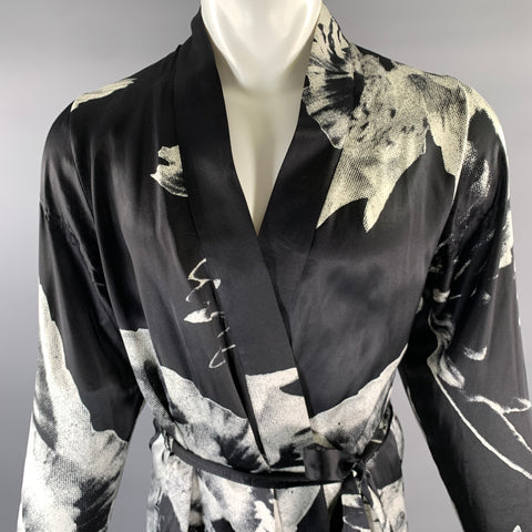 ANN DEMEULEMEESTER Size S Black White Floral Silk Belted Wrap Cardigan