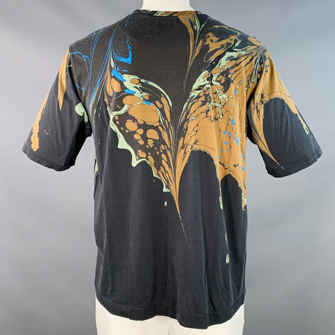 DRIES VAN NOTEN Size L Grey Orange Marble Drips Cotton Crew Neck T-shirt