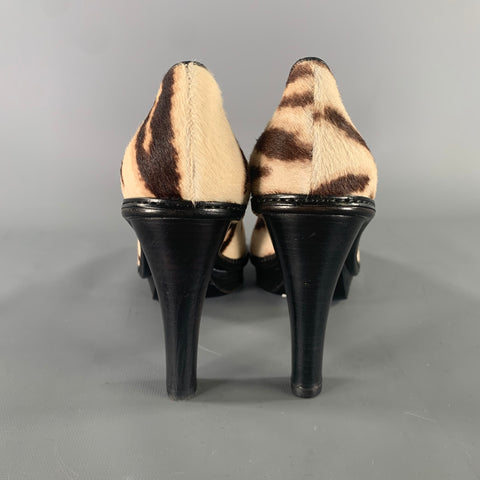 CELINE Size 7 Cream Brown Animal Print Calf hair Pointed Toe Pumps