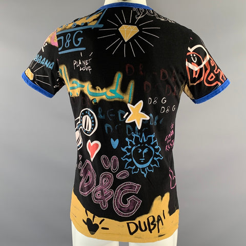 D&G by DOLCE & GABBANA Size S Black Pop Art Cotton V-Neck T-shirt