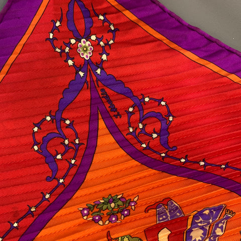 HERMES Orange Purple Pleated Silk Scarves