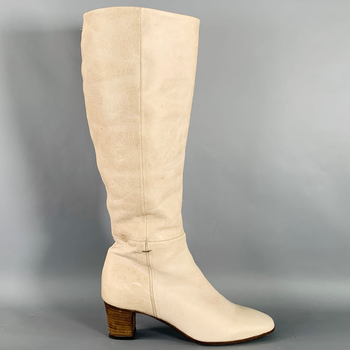 PANTANETTI Size 7.5 Beige Leather Stacked Heel Calf High Boots