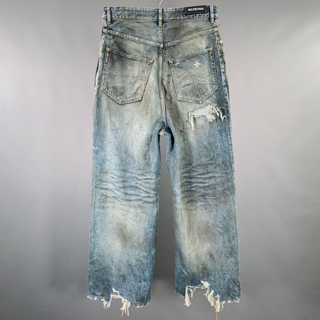 BALENCIAGA SS23 Size XS -Super Destroyed- Blue Grey Denim Drop Crotch Jeans