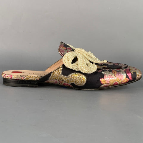 GUCCI Size 9.5 Princetown Black Multi Color Faux Pearl Bows Slip On Flats