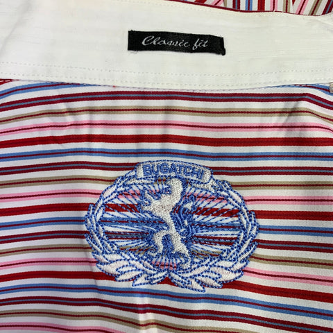 BUGATCHI Size XL White Multi Color Stripe Cotton Spread Collar Long Sleeve Shirt