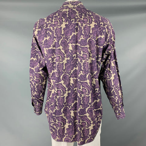 ETRO Size L Purple Khaki Paisley Cotton Blend Button Up Long Sleeve Shirt