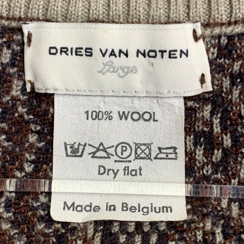 DRIES VAN NOTEN Size L Beige Orange Geometric Wool Zip Up Sweater