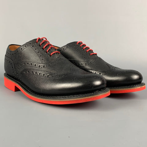 GRENSON Size 8.5 Black Red Perforated Leather Wingtip Lace-Up Shoes
