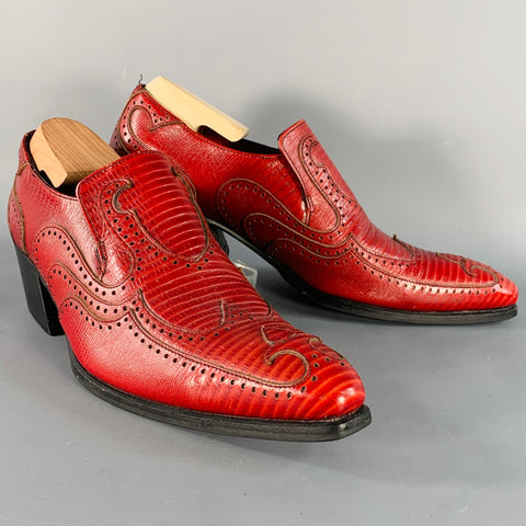 JOHN FLUEVOG Size 9 Red Lizard Embossed Leather Wingtip Chunky Heeled Loafers