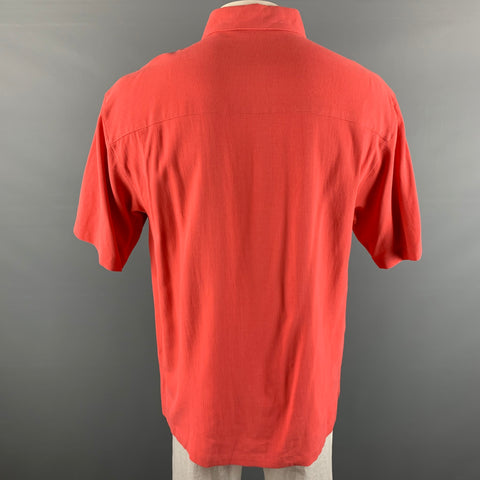 NEIMAN MARCUS Taille XL Chemise à manches courtes boutonnée en soie unie saumon