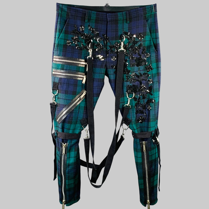 DSQUARED2 Size 38 Green Navy Black Blackwatch Plaid Wool Bondage Casual Pants