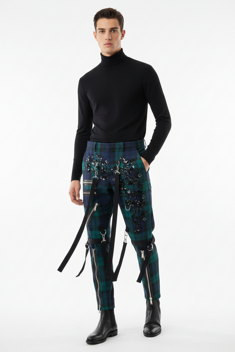 DSQUARED2 Size 38 Green Navy Black Blackwatch Plaid Wool Bondage Casual Pants
