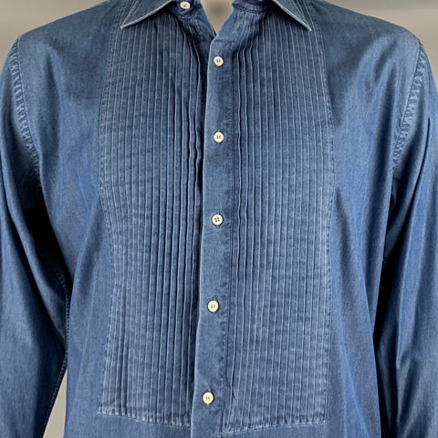 BERGDORF GOODMAN Size L Indigo Cotton Tuxedo Long Sleeve Shirt