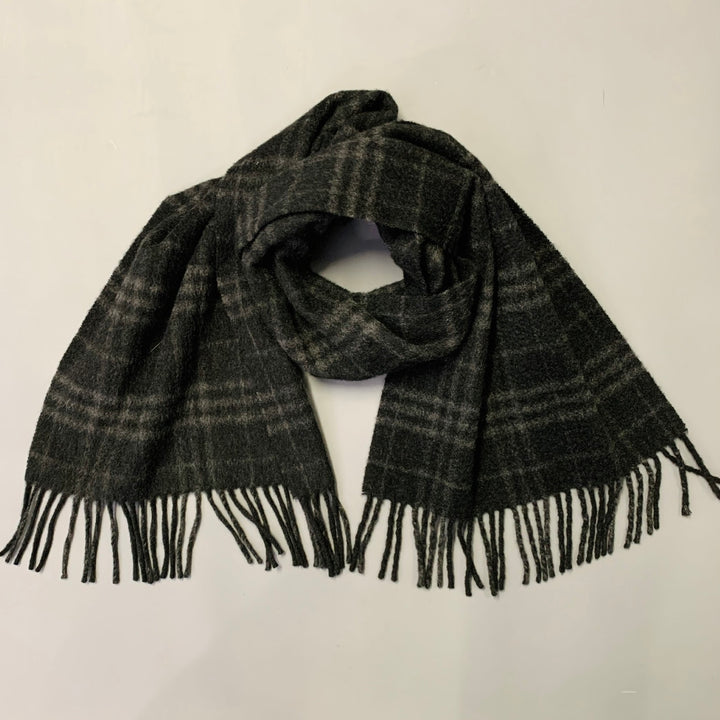 BURBERRY LONDON Grey Charcoal Plaid Cashmere Fringe Scarf