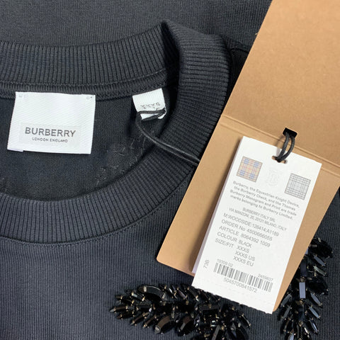 BURBERRY Size XXXS Black Crystal Embellishment Cotton Crew Neck T-shirt