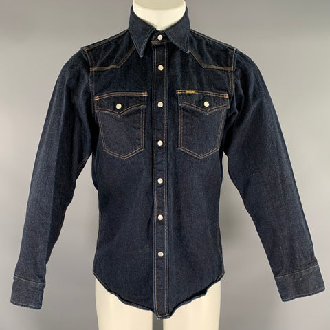 IRON HEART Size S Navy Indigo Contrast Stitch Denim Snaps Long Sleeve Shirt