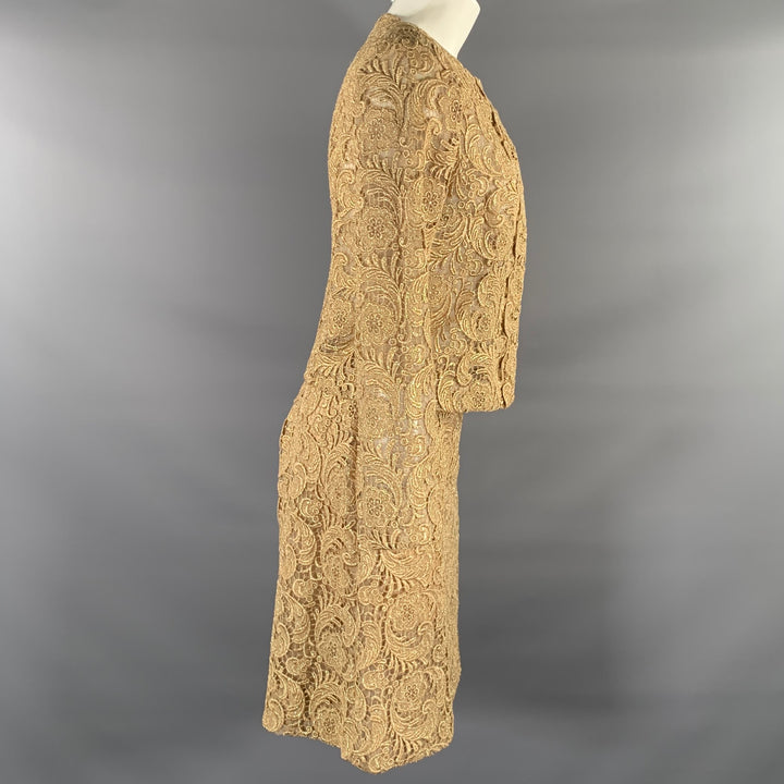 PRADA Size 8 Gold Lace Floral Skirt Suit
