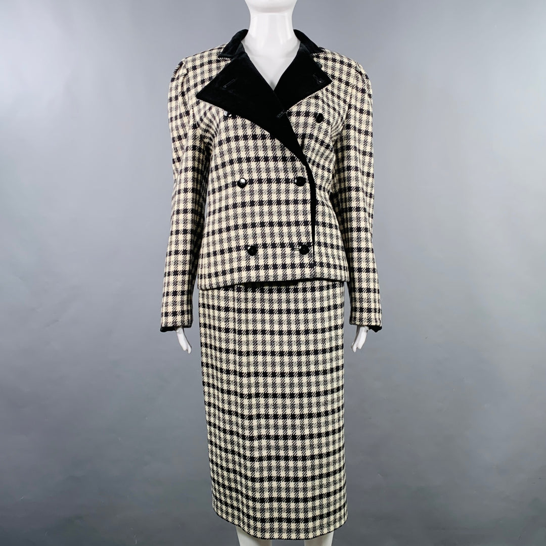 LOUIS FERAUD Size 8 Black Cream Wool Houndstooth Double Breasted Skirt Set