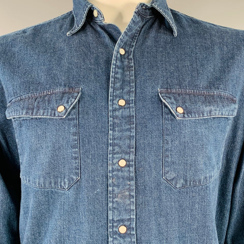 RRL by RALPH LAUREN Taille L Chemise Western à Manches Longues en Coton Selvedge Délavé Indigo à Boutons Pression et Deux Poches