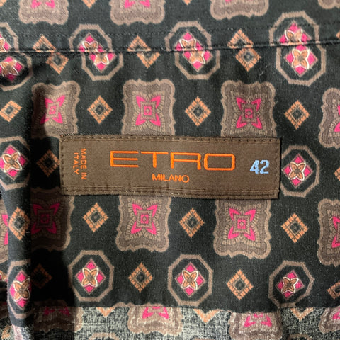 ETRO Size XL Black Brown Geometric Pointed Collar Long Sleeve Shirt