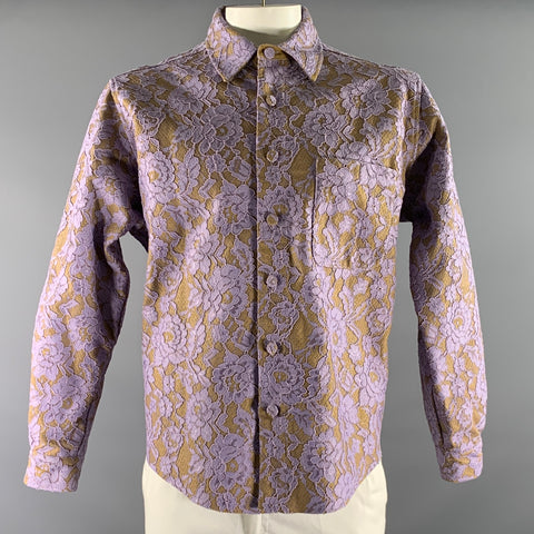 AKNVAS Size L Lavender Khaki Lace Polyester Button Up Long Sleeve Shirt