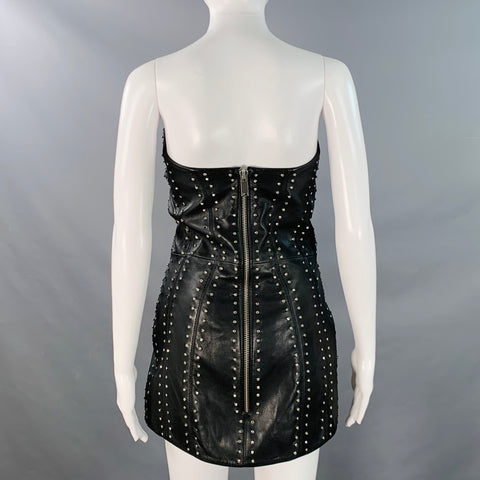 RETROFETE Size S Black Silver Leather Strapless Crystal Studded Mini Dress