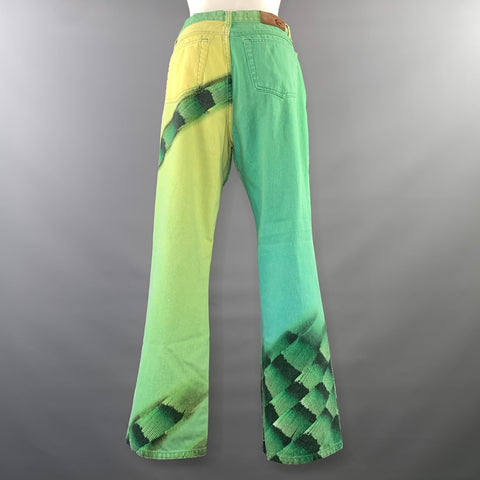 JUST CAVALLI Size 32 Green Black Cotton Blend Graphic Flared Jeans