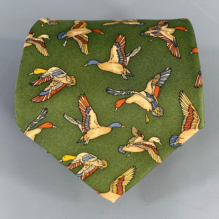 SALVATORE FERRAGAMO Green Multi Color Birds Silk Tie